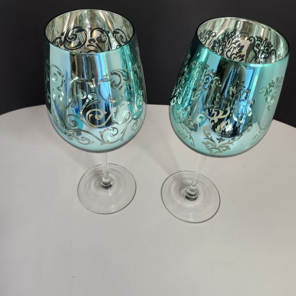 Artland Wine Glasses 2 Brocade Blue/Metallic Platinum Finish 10" Y2K - Picture 6 of 7